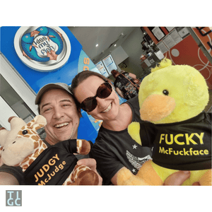 TIGC The Inappropriate Gift Co Fucky McFuckface Duck with two adults laughing funny stuffed animal