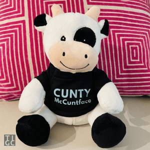 TIGC The Inappropriate Gift Co Cunty McCuntface Cow funny stuffed animal with pink cushion