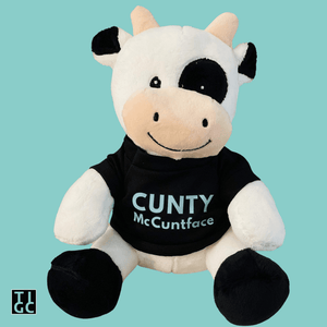 TIGC The Inappropriate Gift Co Cunty McCuntface Cow funny stuffed animal on teal background front view