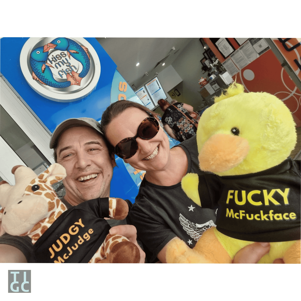 TIGC The Inappropriate Gift Co Fucky McFuckface Duck with two adults laughing funny stuffed animal 