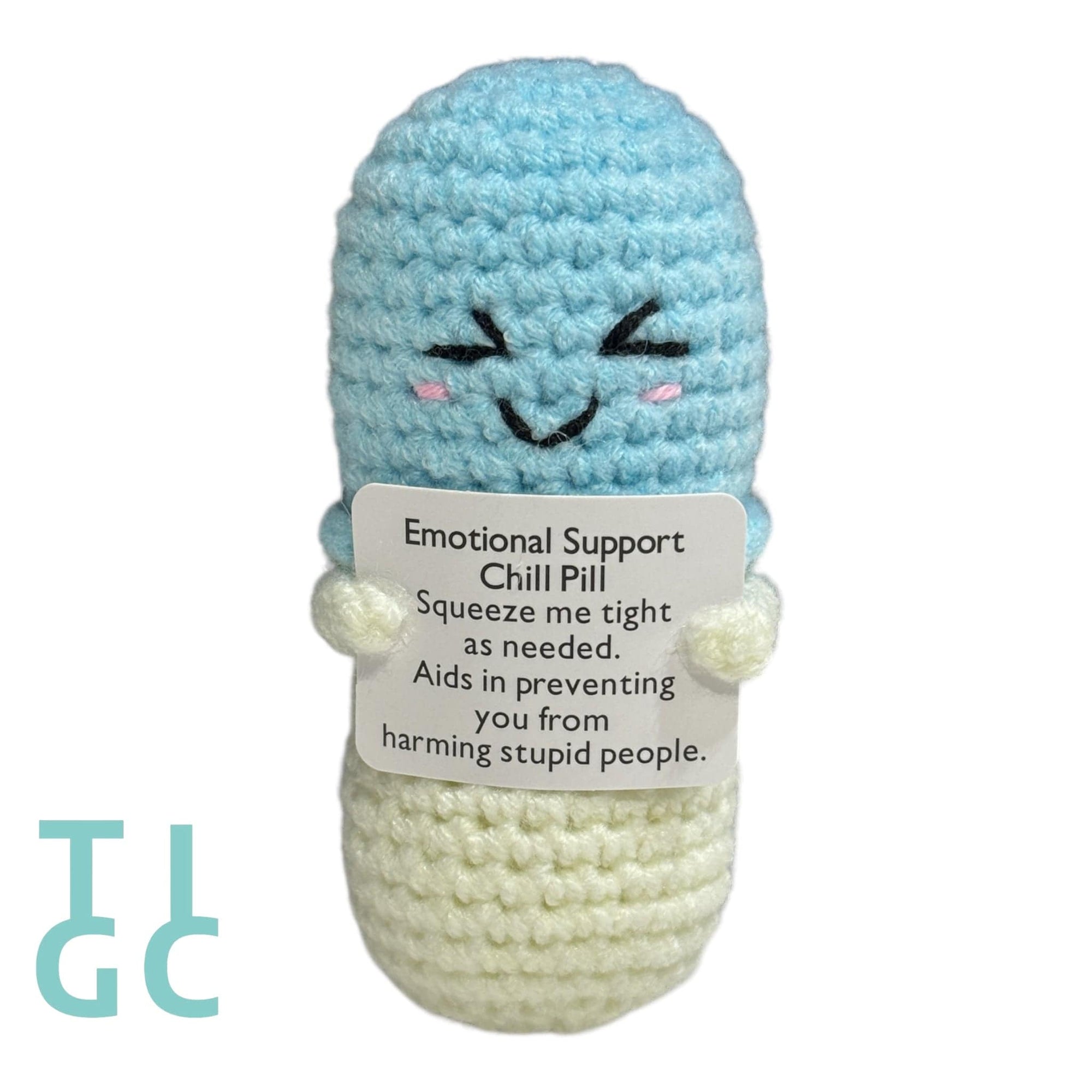 TIGC The Inappropriate Gift Co Positive Pill Crochet emotional support stuffed animal on white background 