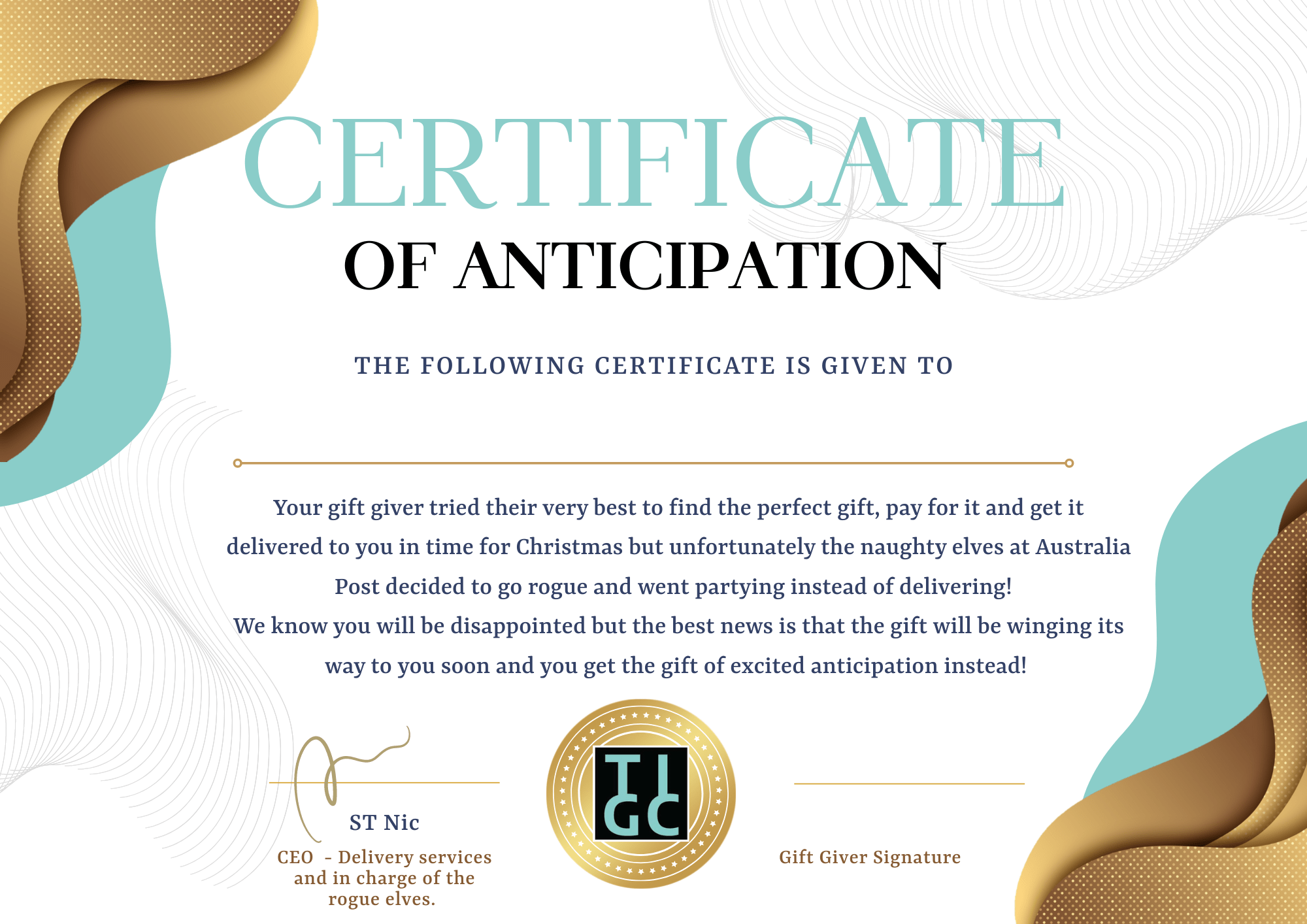 TIGC The Inappropriate Gift Co Certificate of Anticipation