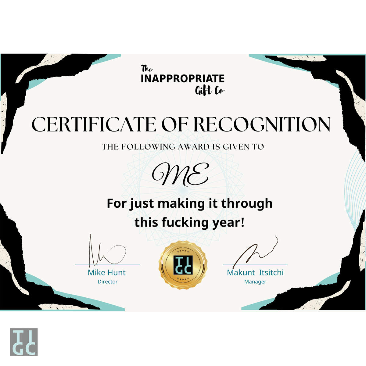 TIGC The Inappropriate Gift Co Certificate of Recognition (Digital Download Only)