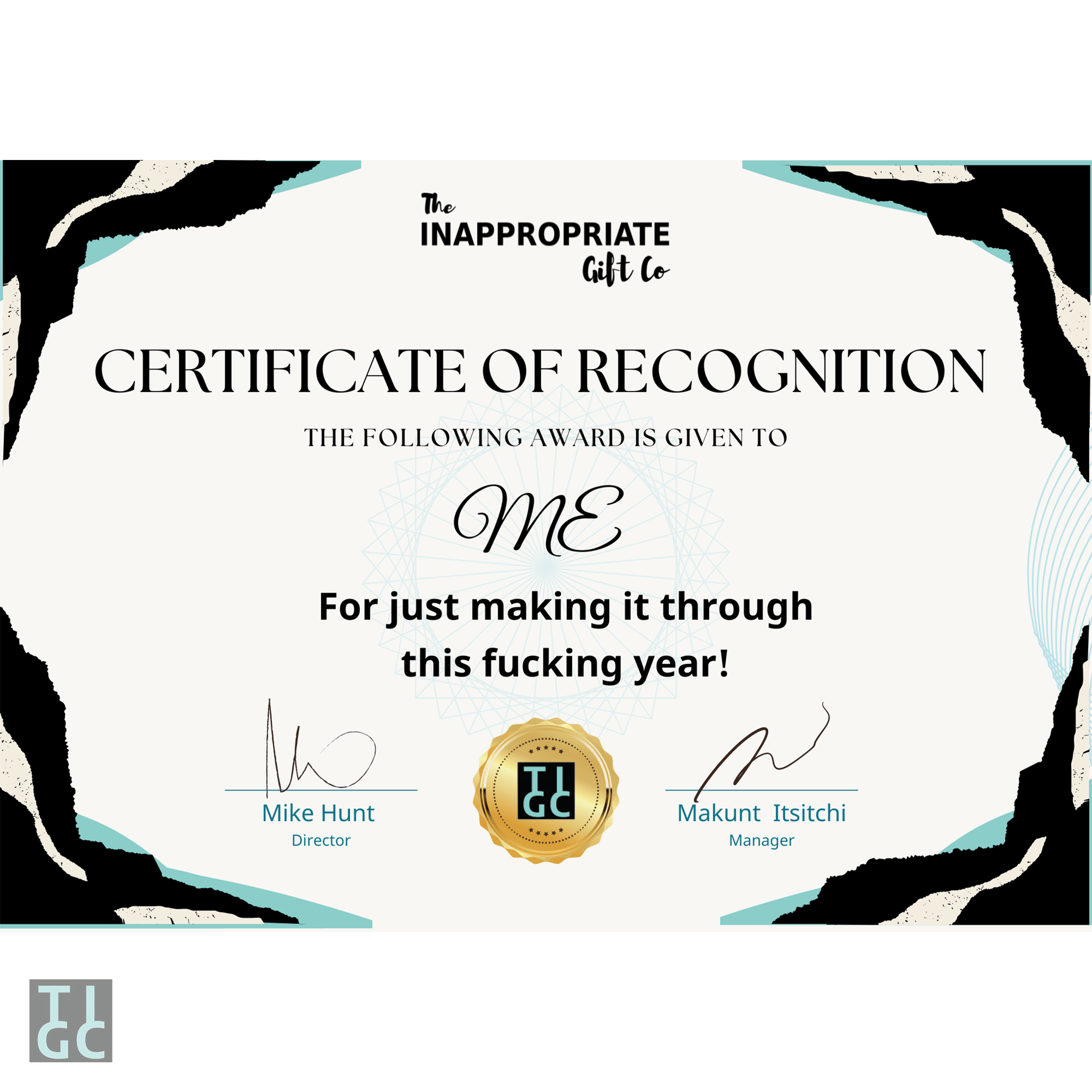 TIGC The Inappropriate Gift Co Certificate of Recognition (Digital Download Only)